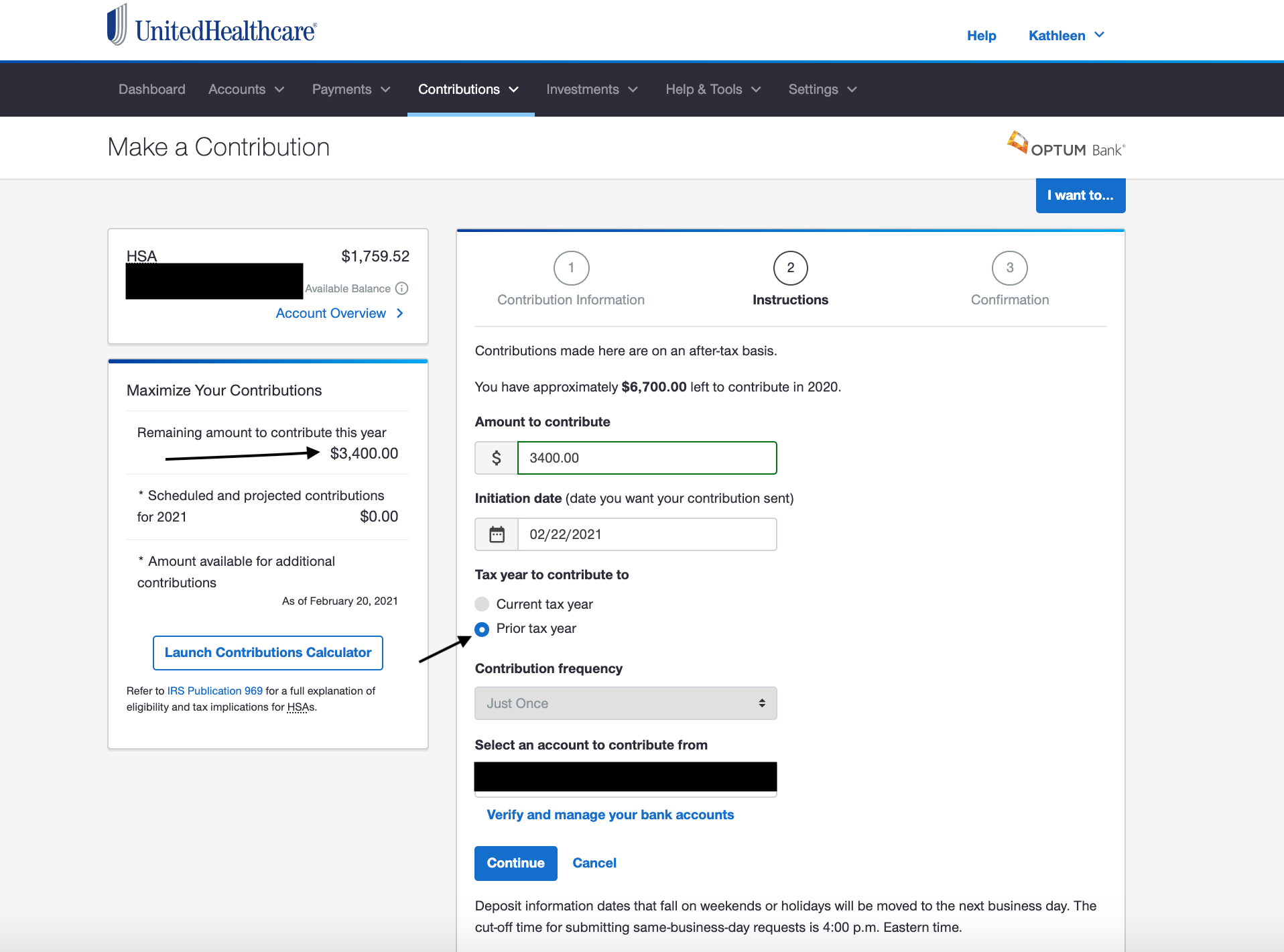 I ran to my HSA portal with Optum Bank and contributed the $3,400 it told me I still could, and clicked “Prior tax year” (2020) as the “contribute to” timeline.