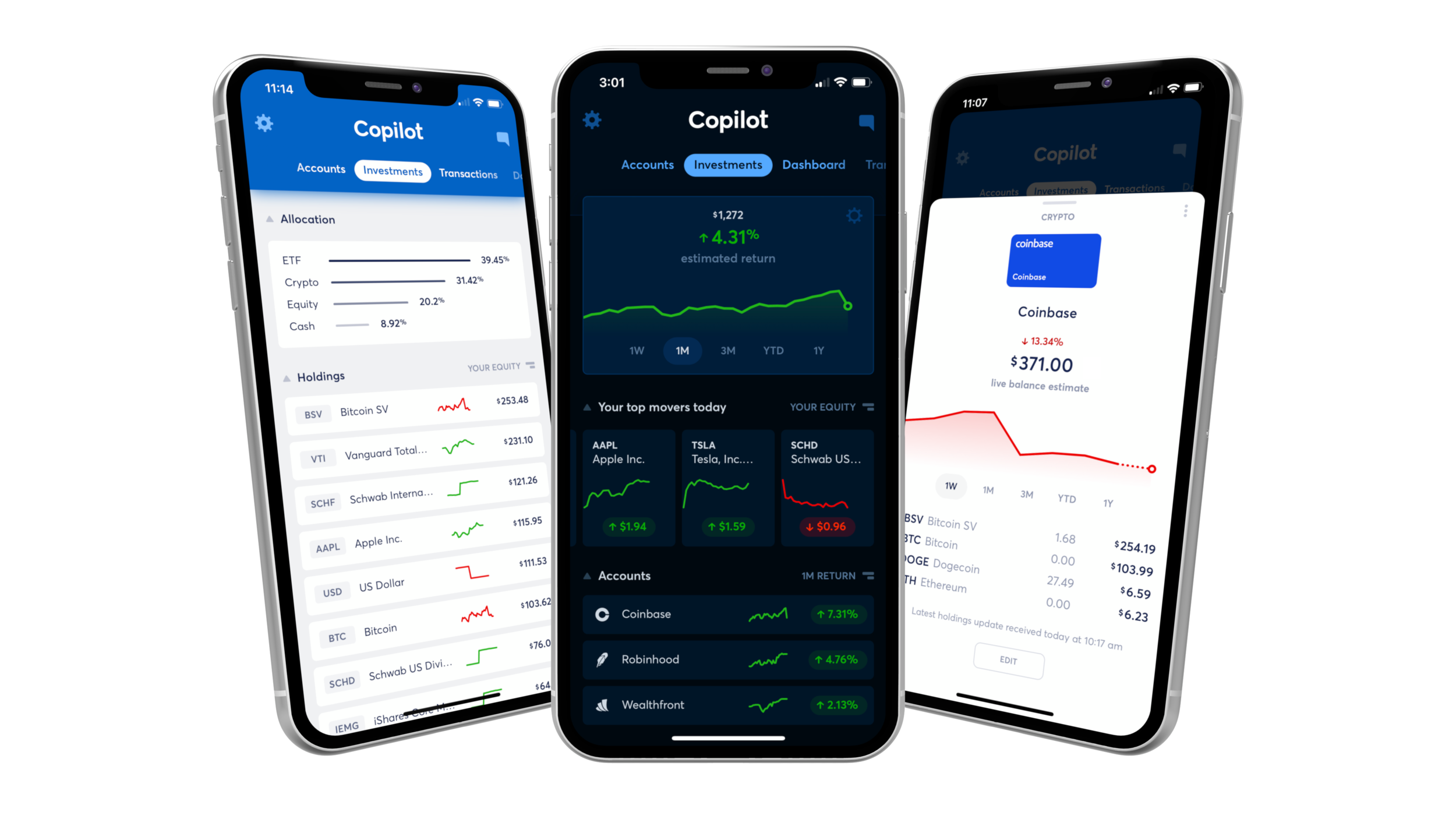 From left to right: The “Allocation” section above the “Holdings,” the top of the Investments tab with the estimated return for the selected timeframe and the “Top Movers,” and a “deeper dive,” so to speak, into one particular account’s performance and holdings.