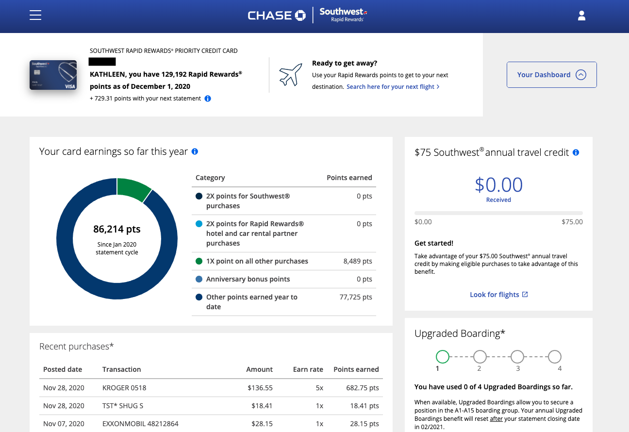 This dashboard helps you track which benefits you’ve already used – as you can see, I’ve barely flown this year and have yet to use my $75 travel credit and 4 Upgraded Boardings. Ignore the $18 purchase at a bagel shop called Shug’s; I was weak and they were delicious.