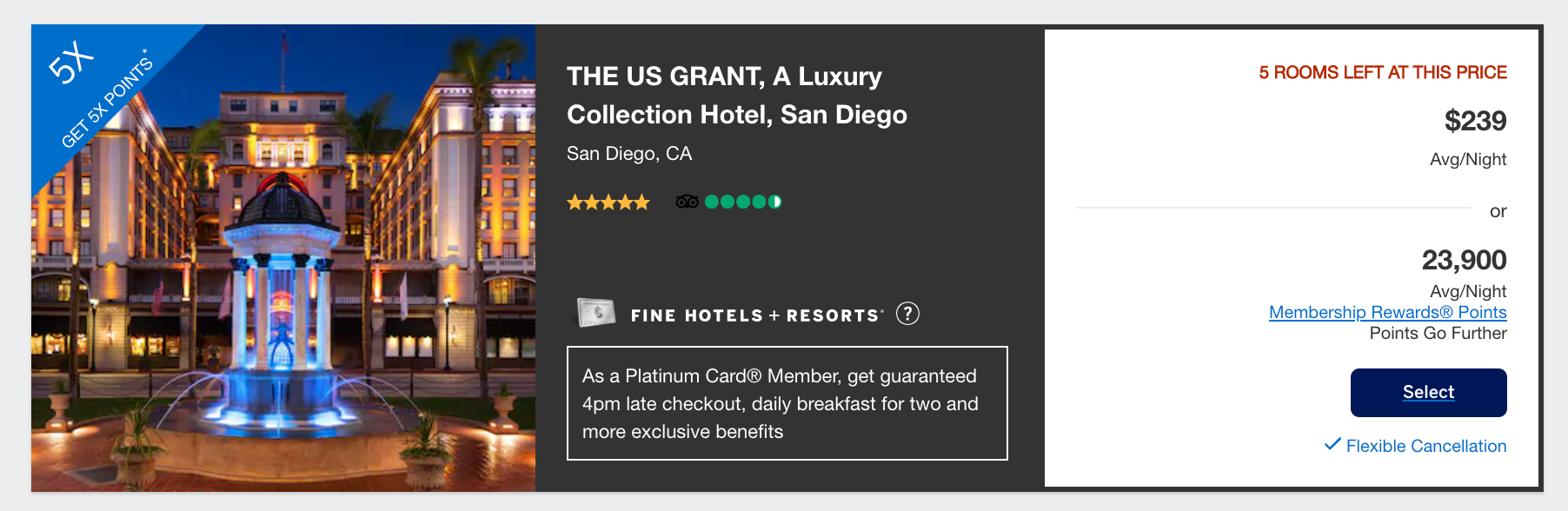   It’s designated with this dark gray treatment and the Platinum Fine Hotels + Resorts logo –&nbsp;the hotels that get this distinction are almost always five-star properties. Notice that the point valuation is really strong here, too –&nbsp;$239/night or 23,900 –&nbsp;hotels in the FHR collection are typically priced this way, where each point is worth 1 cent (that’s pretty good).   