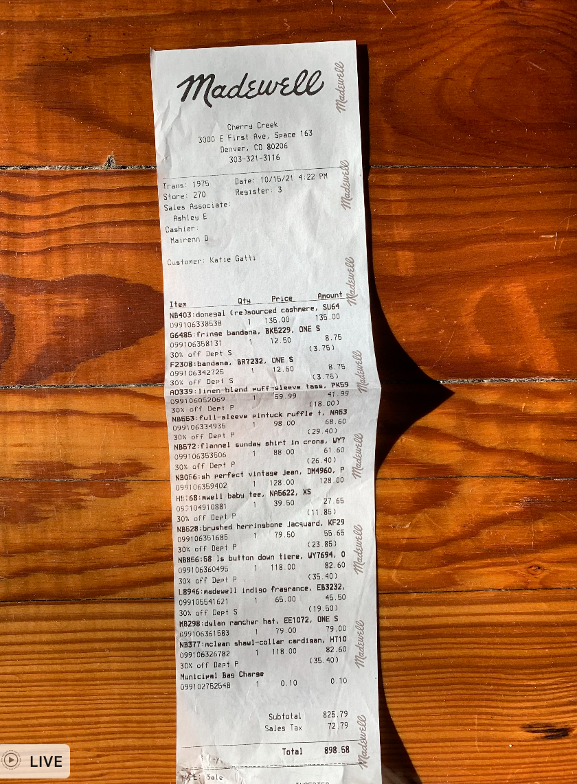   There you have it –&nbsp;$898.58 of clothing. The blue cashmere sweater was the single-most expensive piece clocking in at $135, and the jeans were a close second at $128.  