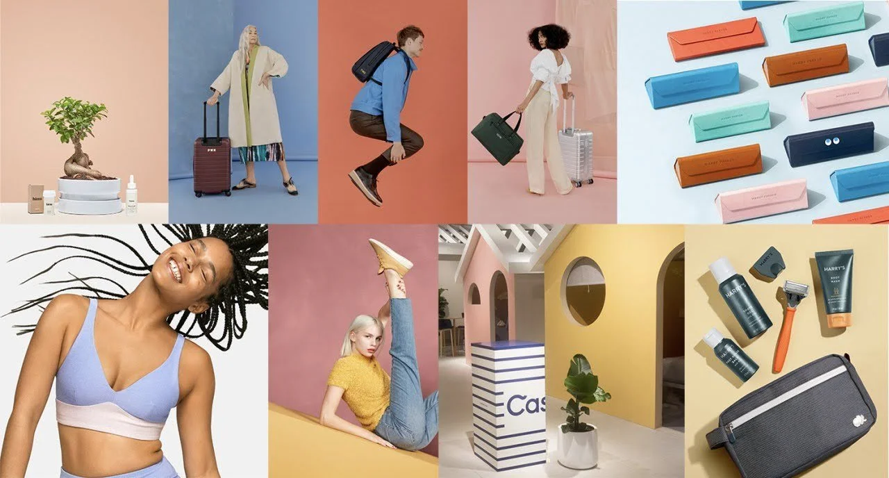   I pulled this collage by a UX designer at Volvo from their LinkedIn article about the DTC “sea of sameness.” From top left to bottom right, I can see Hims, Away, Warby Parker, Outdoor Voices, Allbirds, Casper, and Harry’s.  